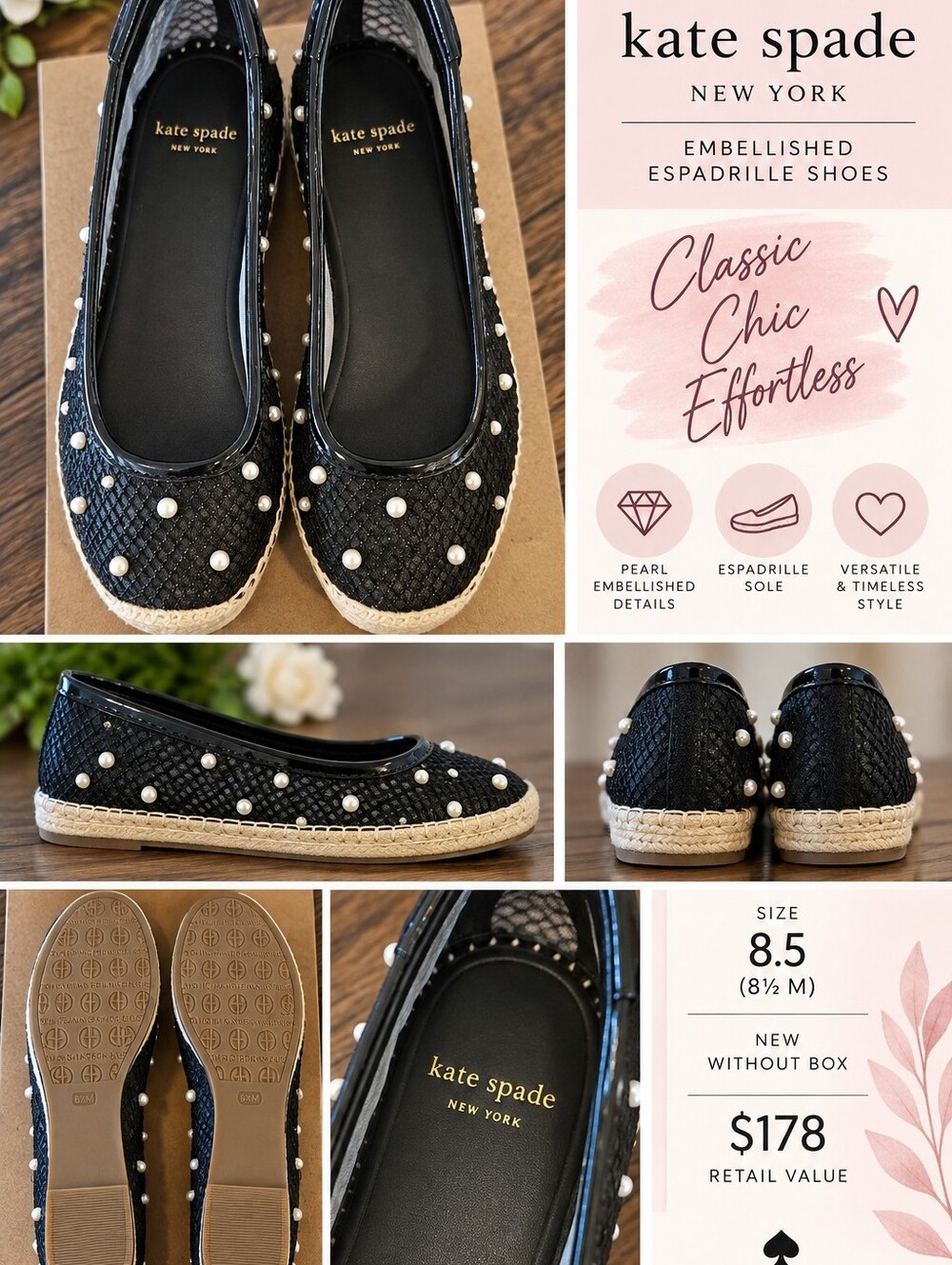 NWOB Kate Spade Black Pearl-Studded Espadrille Flats